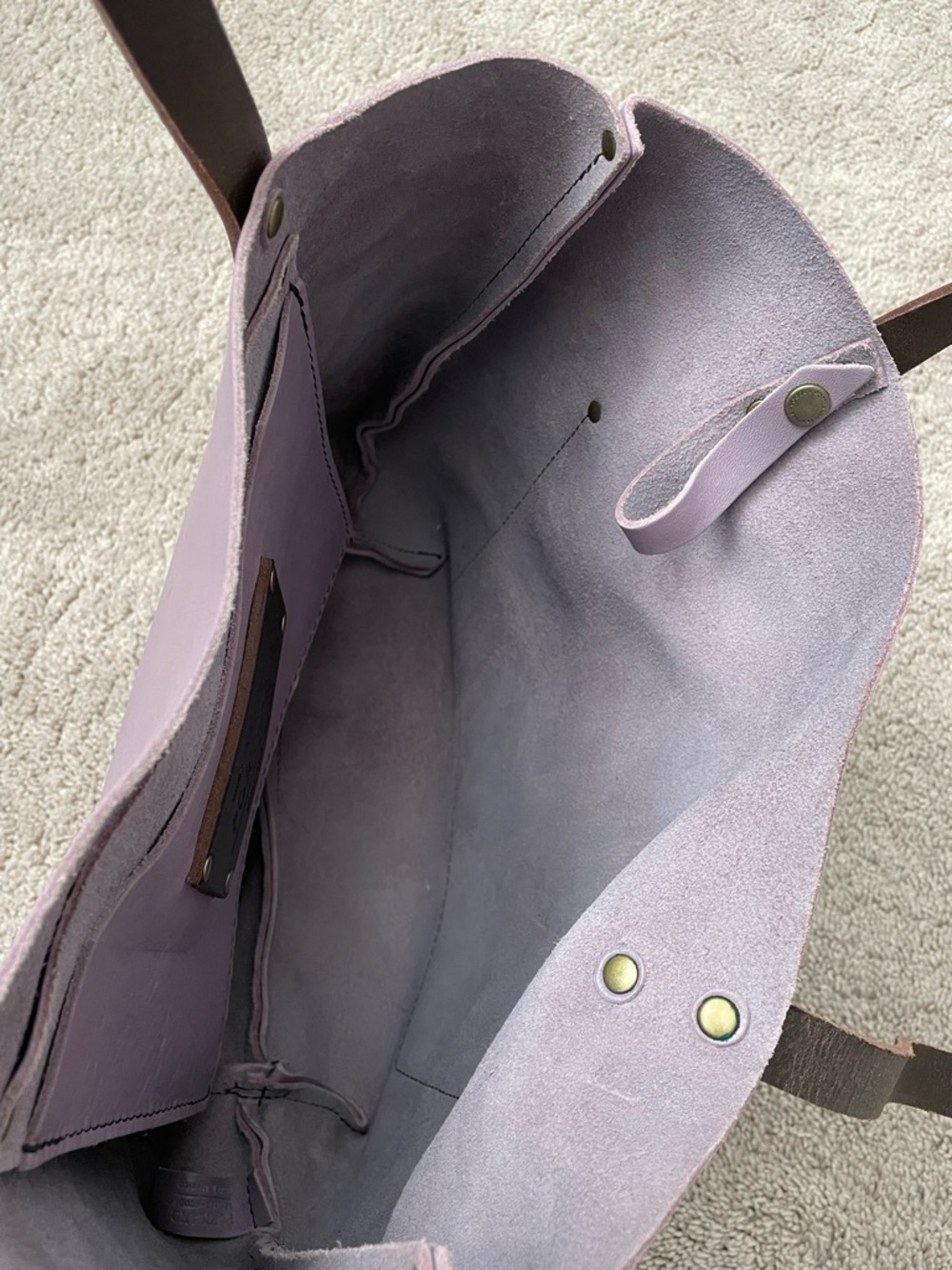 Portland Leather lavender tote with dark brown handles - Picture 5 of 6